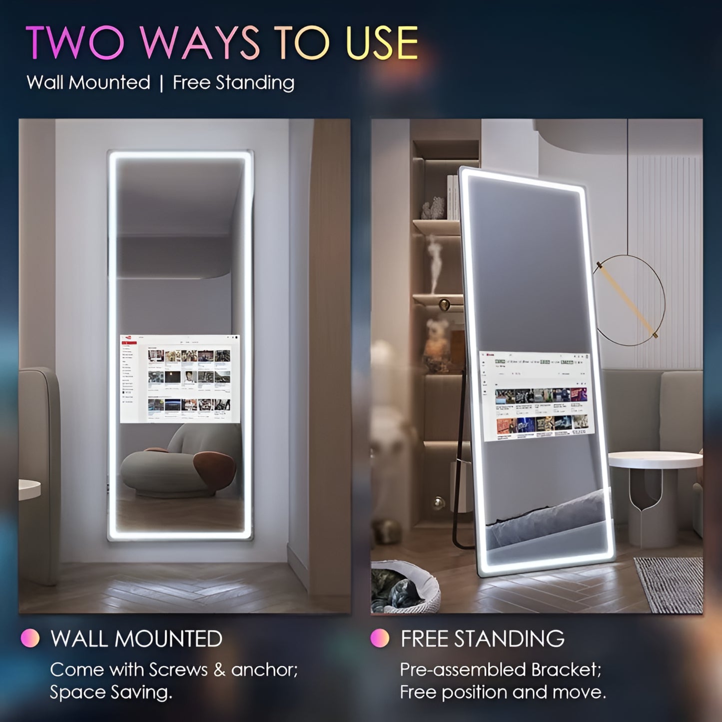 Vertical Smart Mirror Touch Screen Bathroom Vanity Waterproof Tempered Glass Rectangle Mirror with Apps LED Lighting Makeup