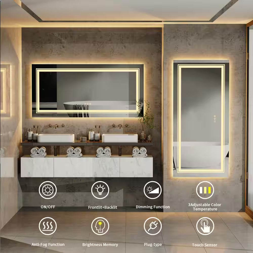 60 In. W X 30 In. H Large Rectangular Frameless Anti-Fog Dimmable Backlit & Front Light Wall LED Bathroom Vanity Mirror