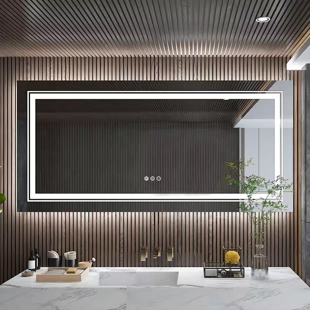 60 In. W X 30 In. H Large Rectangular Frameless Anti-Fog Dimmable Backlit & Front Light Wall LED Bathroom Vanity Mirror