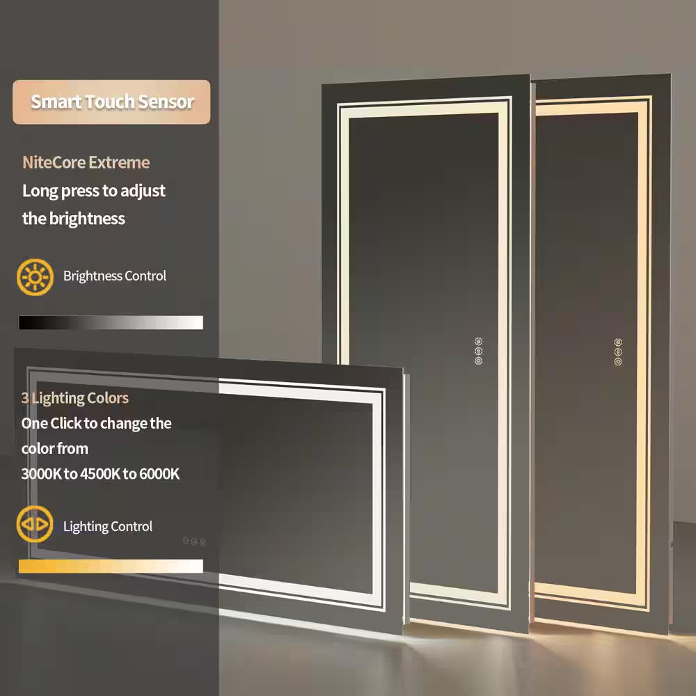 60 In. W X 30 In. H Large Rectangular Frameless Anti-Fog Dimmable Backlit & Front Light Wall LED Bathroom Vanity Mirror
