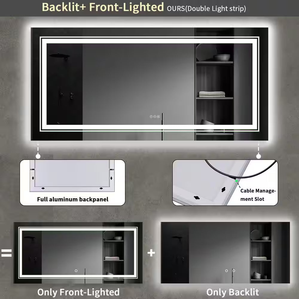 60 In. W X 30 In. H Large Rectangular Frameless Anti-Fog Dimmable Backlit & Front Light Wall LED Bathroom Vanity Mirror