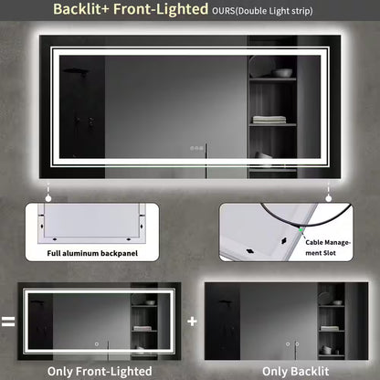 60 In. W X 30 In. H Large Rectangular Frameless Anti-Fog Dimmable Backlit & Front Light Wall LED Bathroom Vanity Mirror