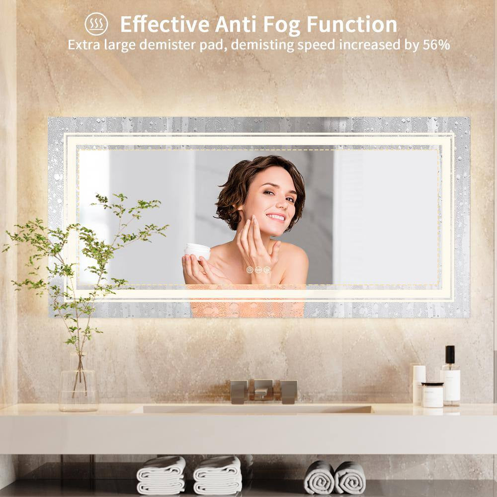 60 In. W X 30 In. H Large Rectangular Frameless Anti-Fog Dimmable Backlit & Front Light Wall LED Bathroom Vanity Mirror